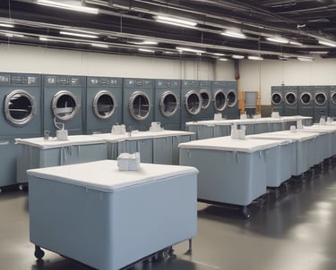 Two individuals wearing casual clothing and caps push large laundry carts in an industrial or urban setting. The carts are labeled 'STAR LAUNDRY TALC' and are mounted on wheels. The background features a glass facade and rows of lights inside the building.