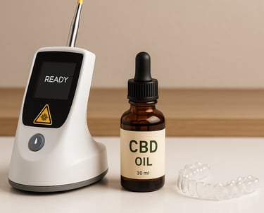 Aparelho de laser odontológico, frasco de canabidiol e um alinhador ortodôntico.