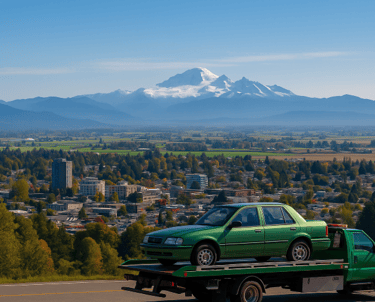 A panoramic view of Abbotsford, BC, with Mount Baker in the background and a green tow truck.