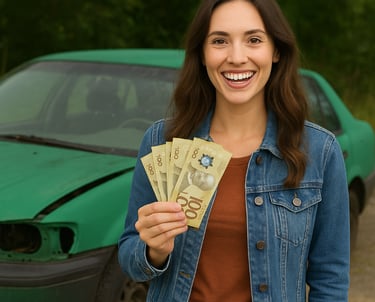 A woman holding a bunch of Canadian money in front of a junk car.