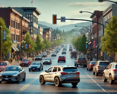 image of downtown Maple Ridge, BC, featuring cars and capturing the lively yet peaceful atmosphere.