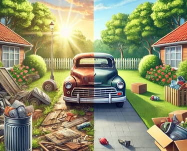 An old junk car parked in front of a house with a trash can.