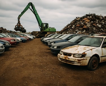 A large scrap car recycling yard filled with rows of old, rusted vehicles and a pile of metal.