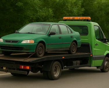 A green tow truck hauls an old green sedan down a road.
