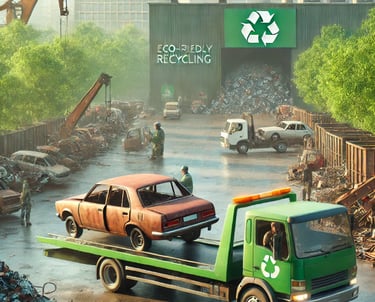 An image highlighting scrap car recycling and removal, featuring a green tow truck.