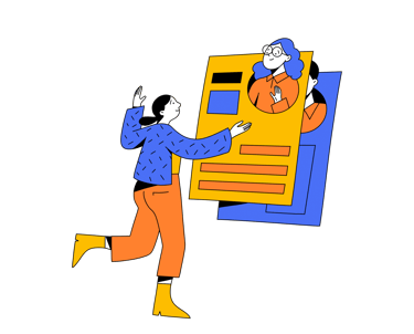 a man in a blue jacket and yellow boots is pointing at a man in a