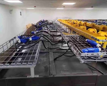 a bunch of cables lying in the wire mesh cable tray with yellow fiber plastic cable duct