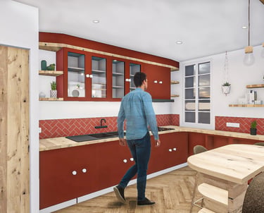 Visuel photoréaliste d'une cuisine dans un appartement de ville rouge dynamique et bois