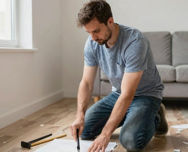 A friendly handyman fixing a door lock in a bright, modern Melbourne home.