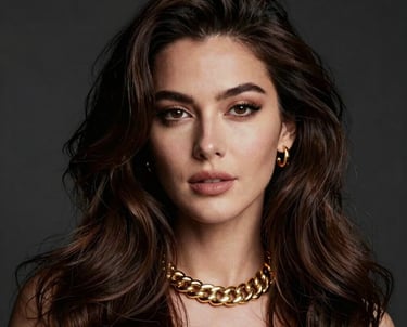 Editorial portrait of a sophisticated woman with voluminous, glossy hair, wearing gold jewelry, set against a dark textured background, North American / Western European fashion style.