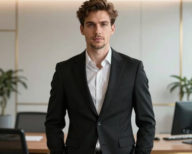 Editorial portrait of a creative professional in a sleek black suit, minimalist modern office background with gold accents, professional lighting, North American / Western European style.
