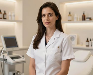 Portrait of a skincare specialist in a high-end luxury clinic setting, modern clinical attire, sophisticated warm lighting, North American / Western European aesthetic.