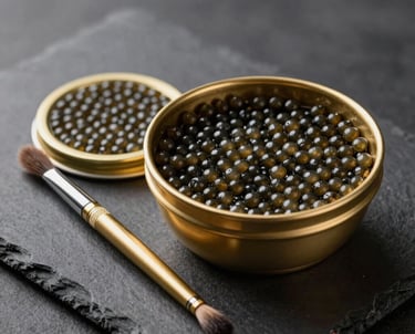 Still life photography of the Caviar Kit components, featuring a golden mixing bowl and a precision applicator brush against a dark slate background, soft gold ambient lighting, North American / Western European style.