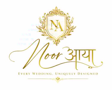 Golden Noor Aaya wedding planner logo with elegant crest and Hindi calligraphy on a white background.