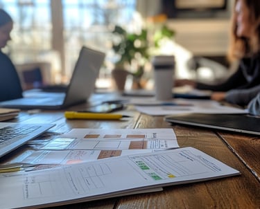 Colleagues working with project plans and laptops on a rustic wooden table in a bright home office.