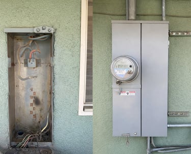 open box with loose wires before repair, and closed operational meter panel after installation