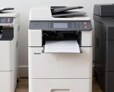A technician setting up a modern multifunction printer in a bright office space.