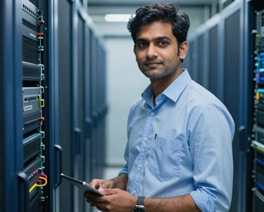A modern South Asian engineer in professional attire standing in a data center with steel blue server racks, clean lines, and soft focused lighting highlighting technological sophistication.