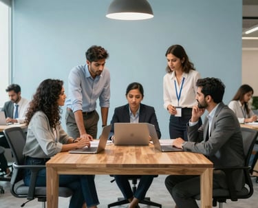 A diverse team of South Asian professionals collaborating in a brightly lit, modern open-plan office with pale blue walls and contemporary wooden furniture, emphasizing corporate unity.