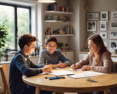 Mother and son drawing together at a table.