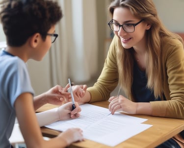 Mother and son drawing together at a table.