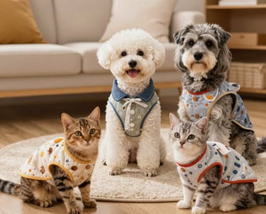 Dos perros y dos gatos con elegantes prendas y chalecos estampados para mascotas están sentados