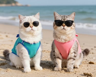 Dos gatos esponjosos, con gafas de sol y coloridos trajes de baño, están sentados en LA PLAYA