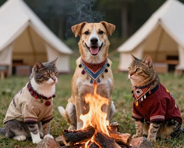 Un perro y dos gatos con suéteres sentados junto a una fogata en un camping de luJO