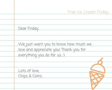 Appreciation post designed like a handwritten letter expressing thanks and promoting Free Ice Cream Friday.