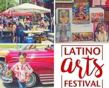 Latino Arts Festival social post showing families, local artists, classic cars, and colorful artwork.
