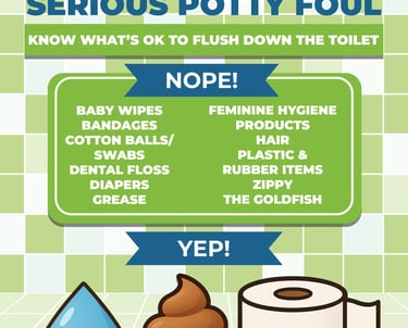 Educational Public Works poster explaining which items should not be flushed to protect wastewater systems.