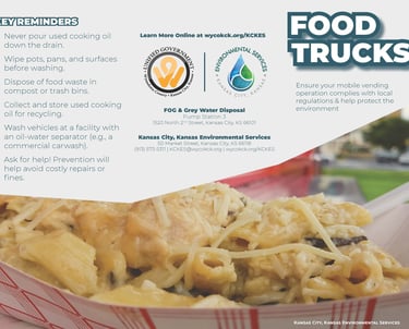 Educational flyer for mobile food vendors explaining proper grease and grey water disposal to protect sewer systems.