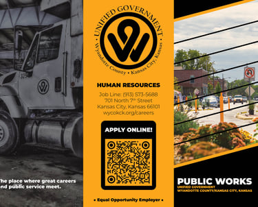 Recruitment brochure for Public Works showing service trucks, city streets, and Human Resources contact information.