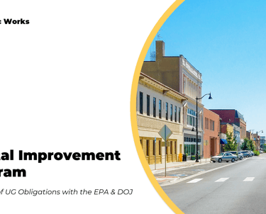 Capital Improvement Program presentation cover showing a city street, buildings, and Public Works branding.