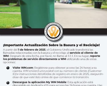 Spanish-language flyer explaining trash and recycling service updates and how residents should contact WM.