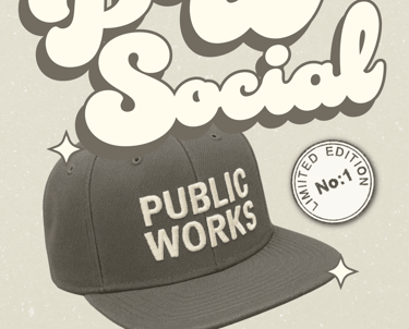 Event flyer advertising a PW Social gathering with Public Works branding and limited edition merchandise.
