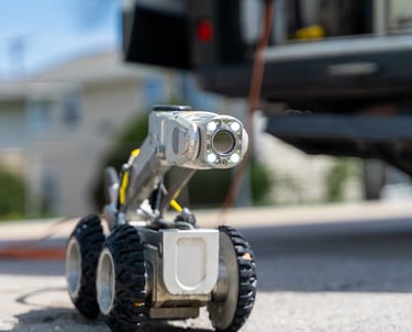 Sewer pipe inspection robot equipped with camera and lights, used to assess underground infrastructure.
