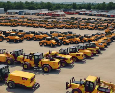 A fleet of modern construction machinery lined up at a busy site.