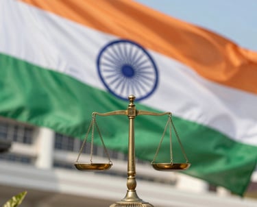 A confident lawyer reviewing corporate documents in a modern office.