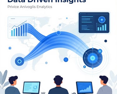A team collaborating over charts and data models on a digital screen.