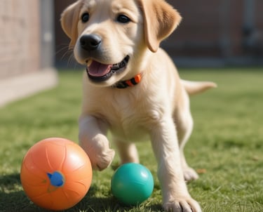 Trainer kneeling beside a focused puppy in a quiet backyard setting.