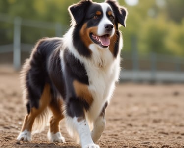 Trainer kneeling beside a focused puppy in a quiet backyard setting.