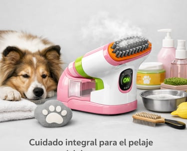 Cepillo eléctrico de vapor para mascotas, acaricia a un perro de pelo largo.