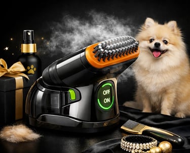 Cepillo eléctrico con vapor junto a un perro para eliminar el pelo suelto 