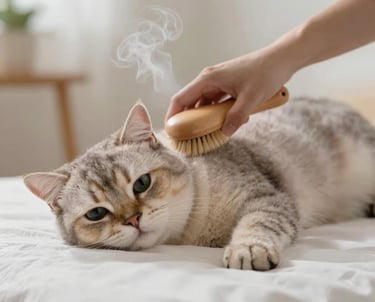 Una persona usa un cepillo vapor de madera para gatos para acicalar a un gato esponjoso que