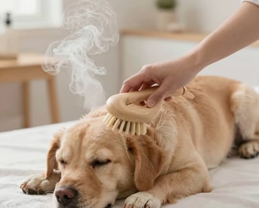 Perro Golden Retriever recibiendo una sesión de cuidado relajante con un cepillo de masaje para masc