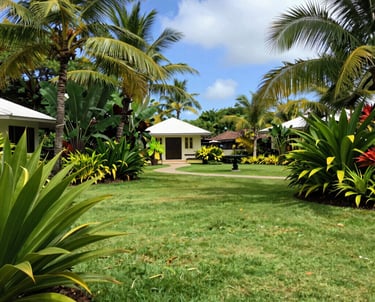 Drip irrigation system smoothly watering a lush Barbados garden bed.