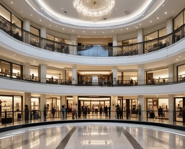 Elegant boutique interior with soft lighting and luxurious displays.