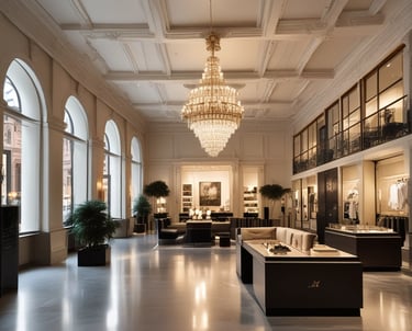 Elegant boutique interior with soft lighting and luxurious displays.