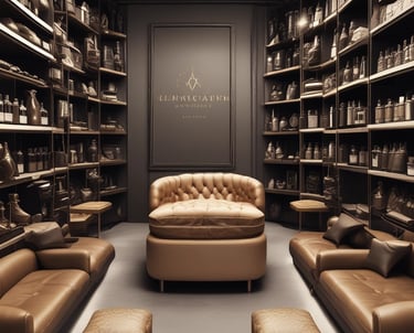 Elegant boutique interior with soft lighting and luxurious displays.